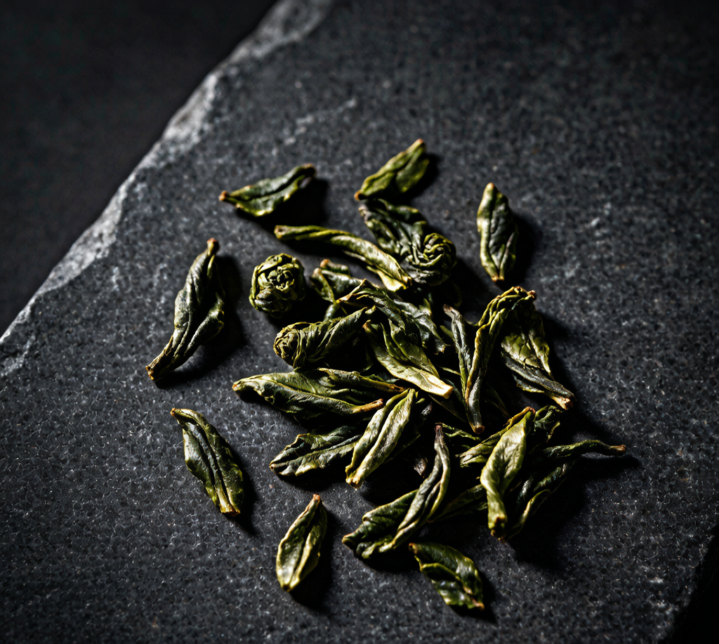 Zhejiang Longjing green tea leaves flat lay